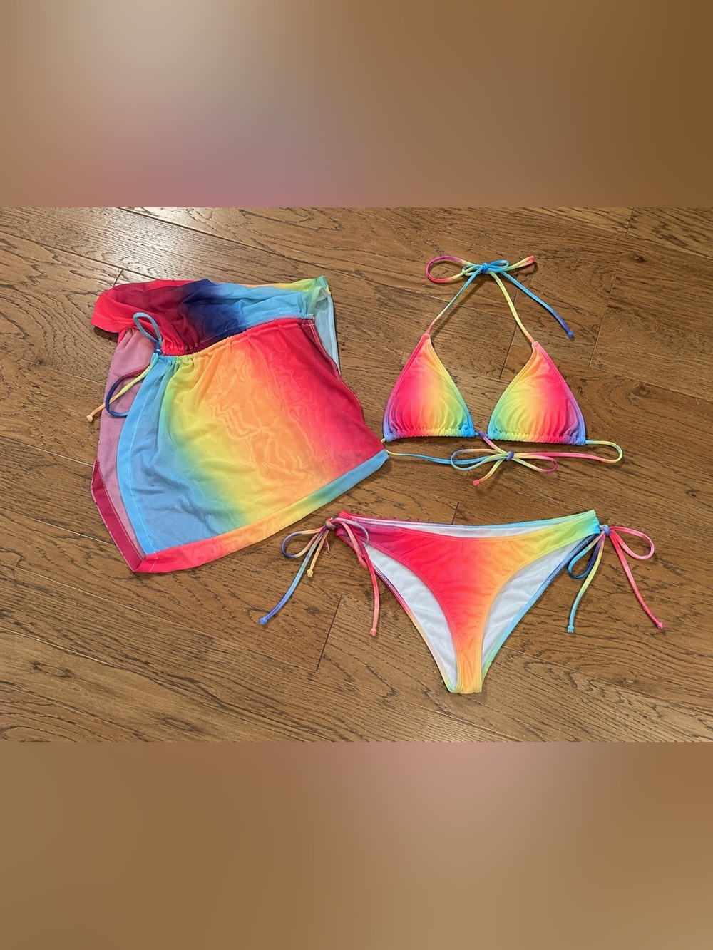 SHEIN Rainbow Gradient Triangle Bikini Set with Cover-Up
